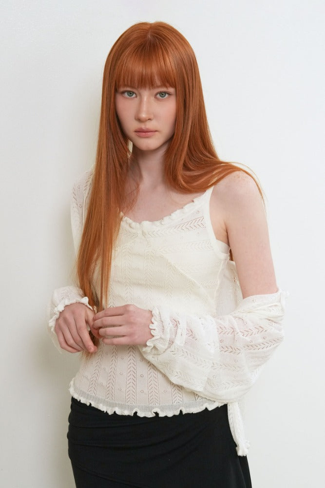 General Idea Punching Ruffle Sleeveless Cardigan Set White