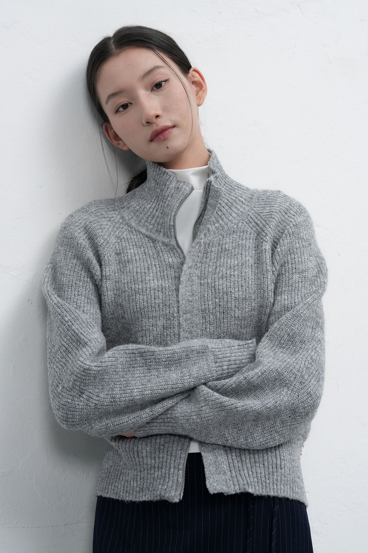 General Idea High Neck Hacci Zip-Up Cardigan Grey