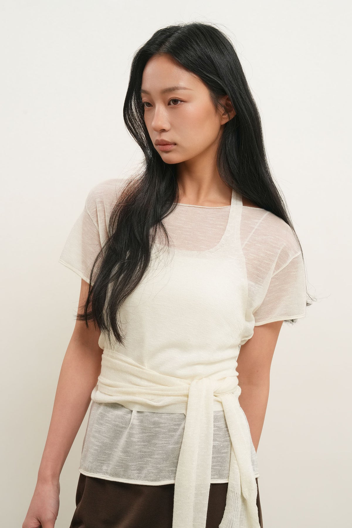 General Idea Sheer Halter Neck Layered Knit Set Ivory