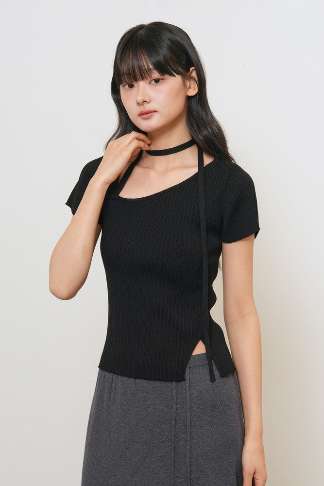 General Idea Unbalanced Ribbed Strap Half Knit Black