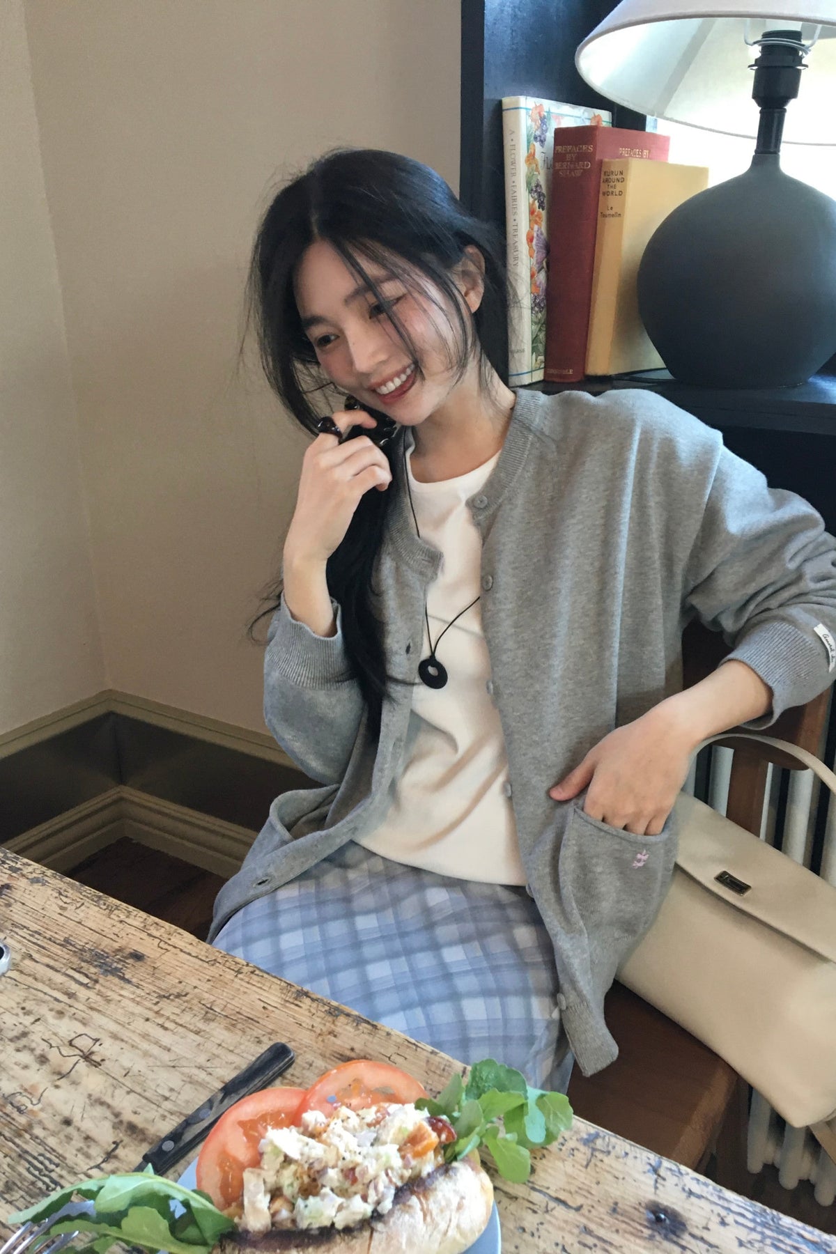 General Idea Cotton Loose Fit Pocket Cardigan Light Grey