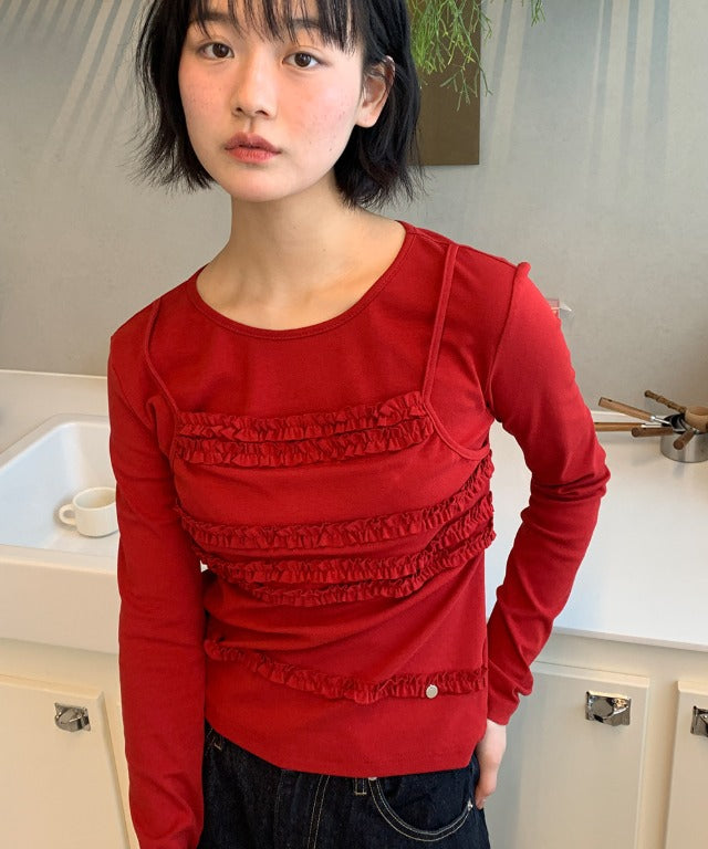 RONRON Frill Layered Long Sleeve T-Shirt Red