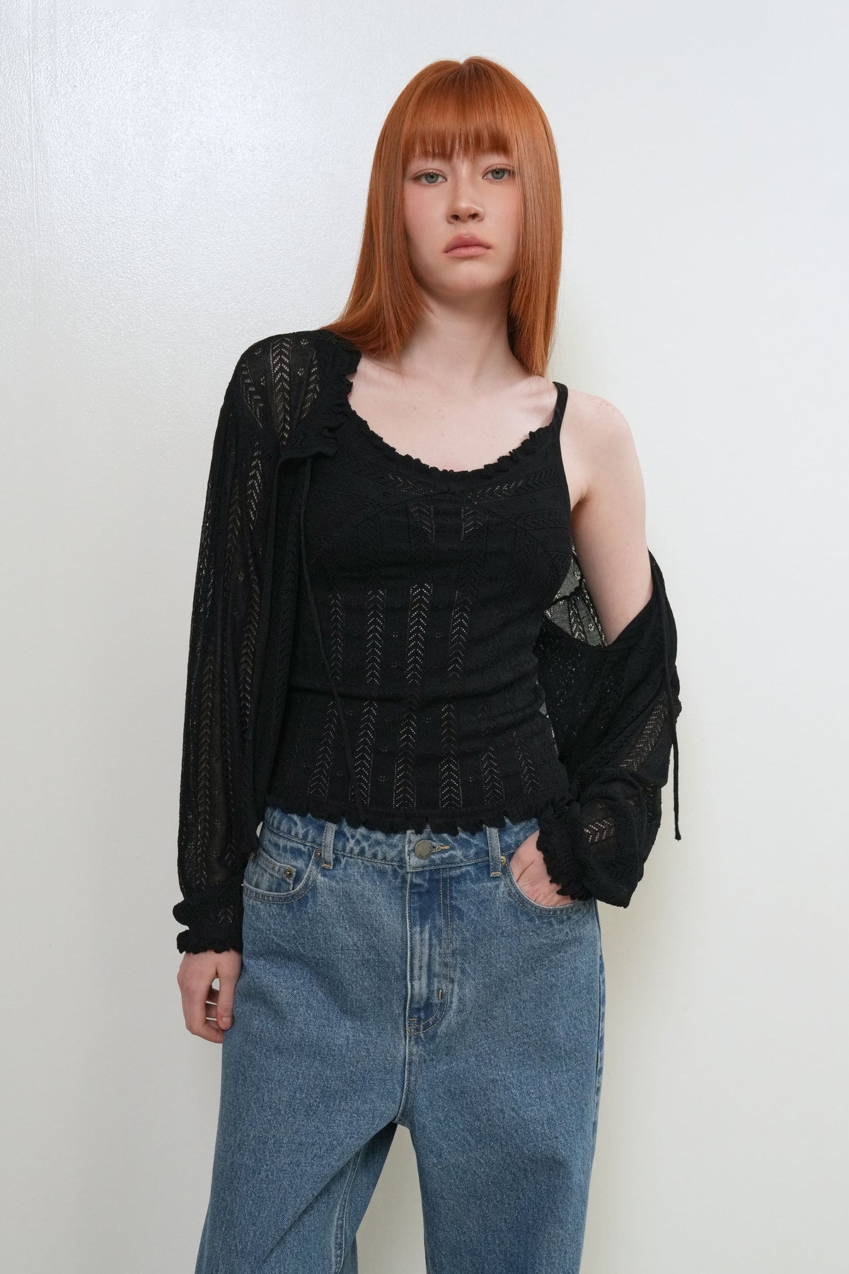 General Idea Punching Ruffle Sleeveless Cardigan Set Black