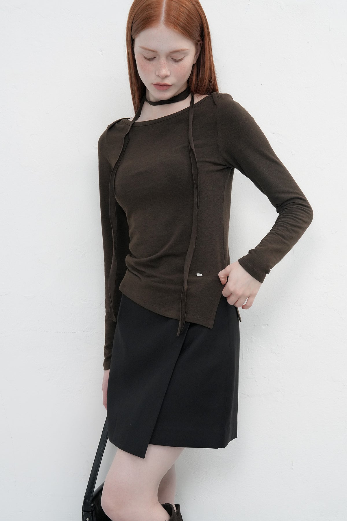 General Idea Scarf Layered Boat Neck Shirring T-Shirt Brown