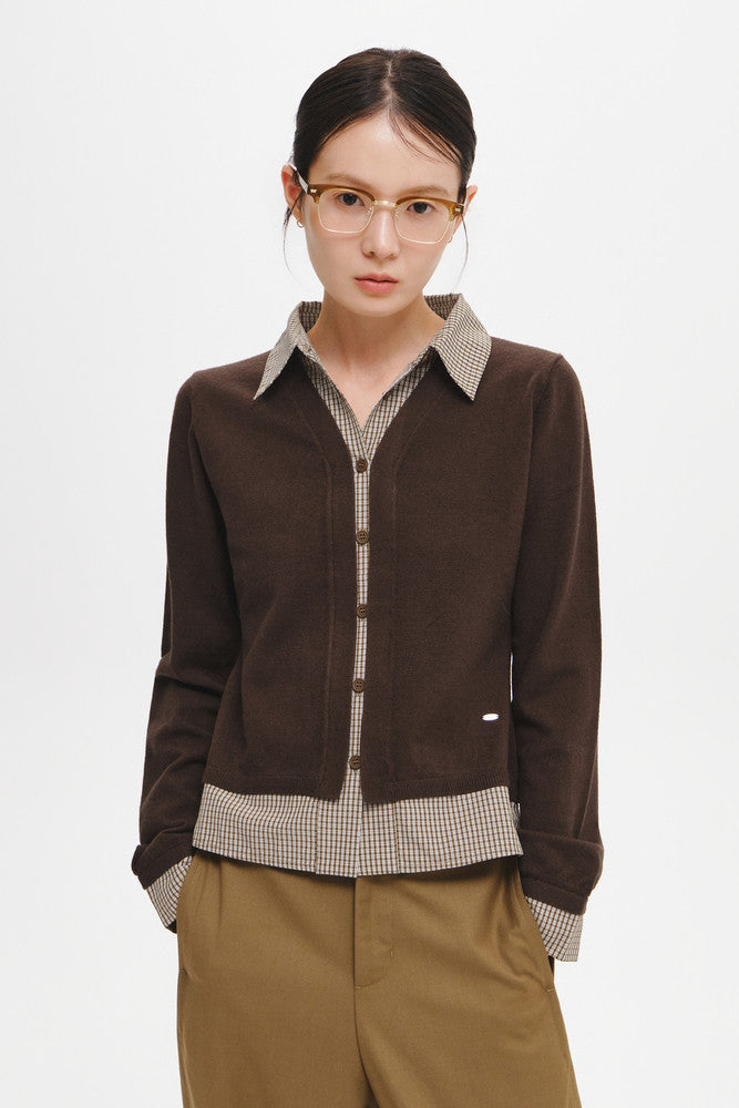 General Idea Check Shirt Layered Cardigan Dark Brown