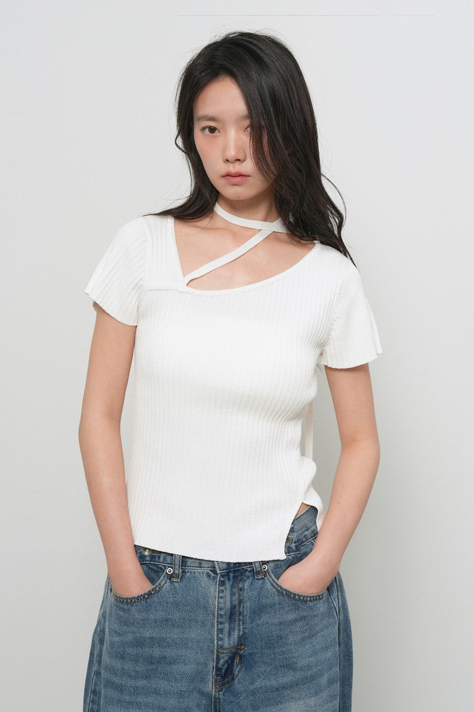 General Idea Unbalanced Ribbed Strap Half Knit White