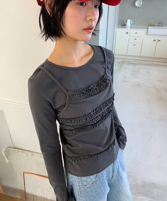 RONRON Frill Layered Long Sleeve T-Shirt Charcoal detail 1