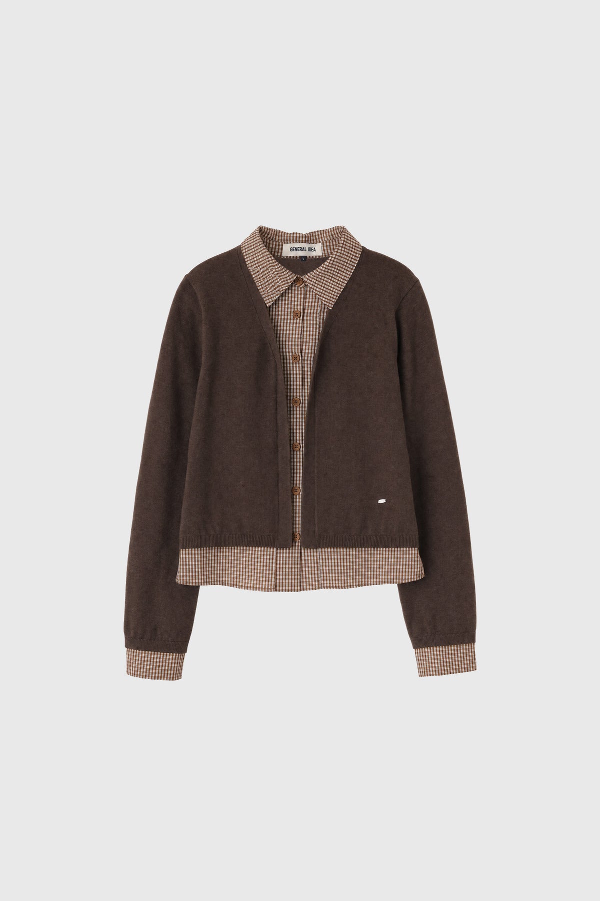 General Idea Check Shirt Layered Cardigan Dark Brown detail