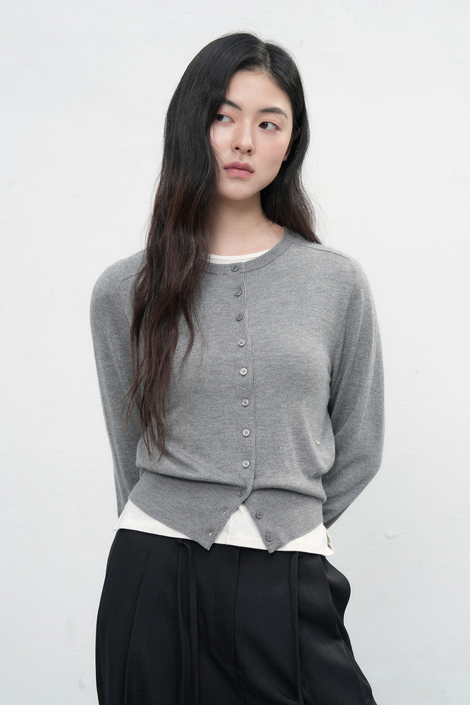 General Idea Signature Crew Neck Cardigan Melange Grey