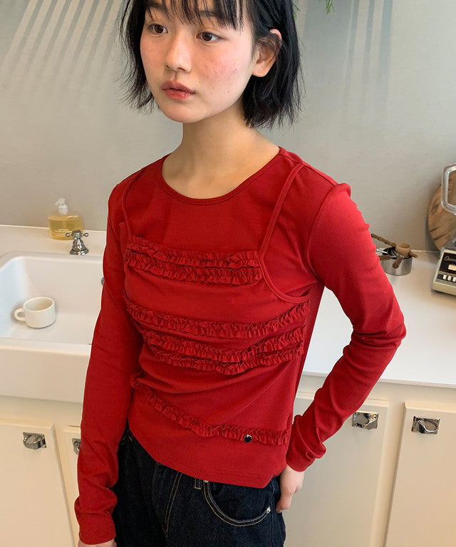 RONRON Frill Layered Long Sleeve T-Shirt Red detail 3