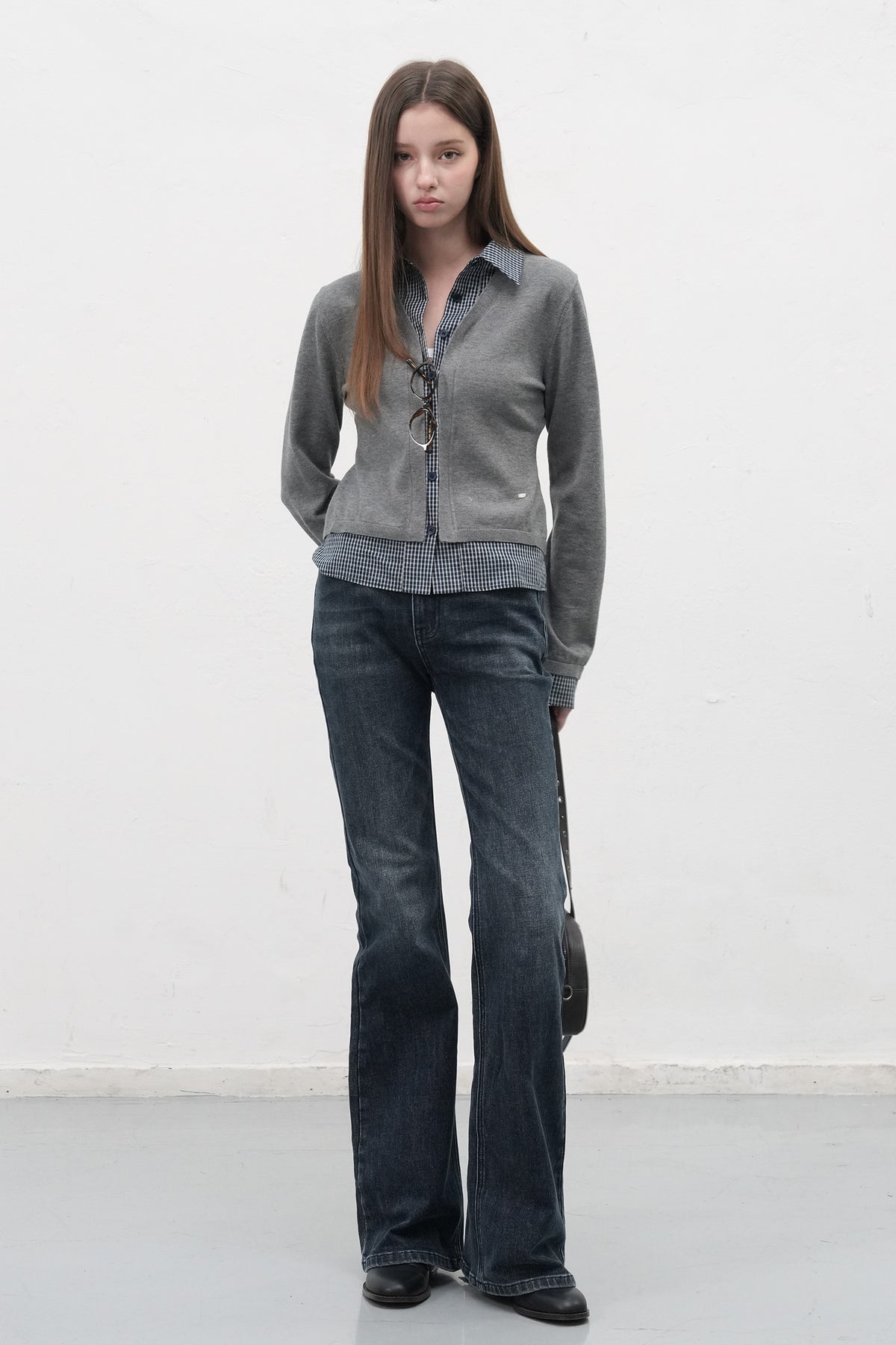General Idea Check Shirt Layered Cardigan Grey detail