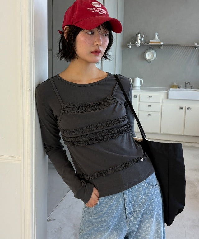 RONRON Frill Layered Long Sleeve T-Shirt Charcoal