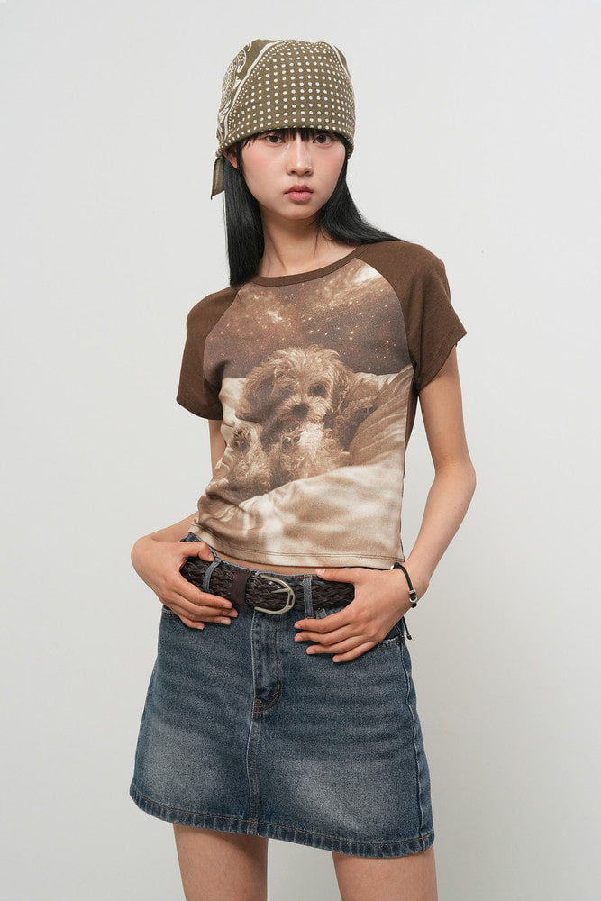 General Idea Sleeping Pet Ringer T-Shirt Brown