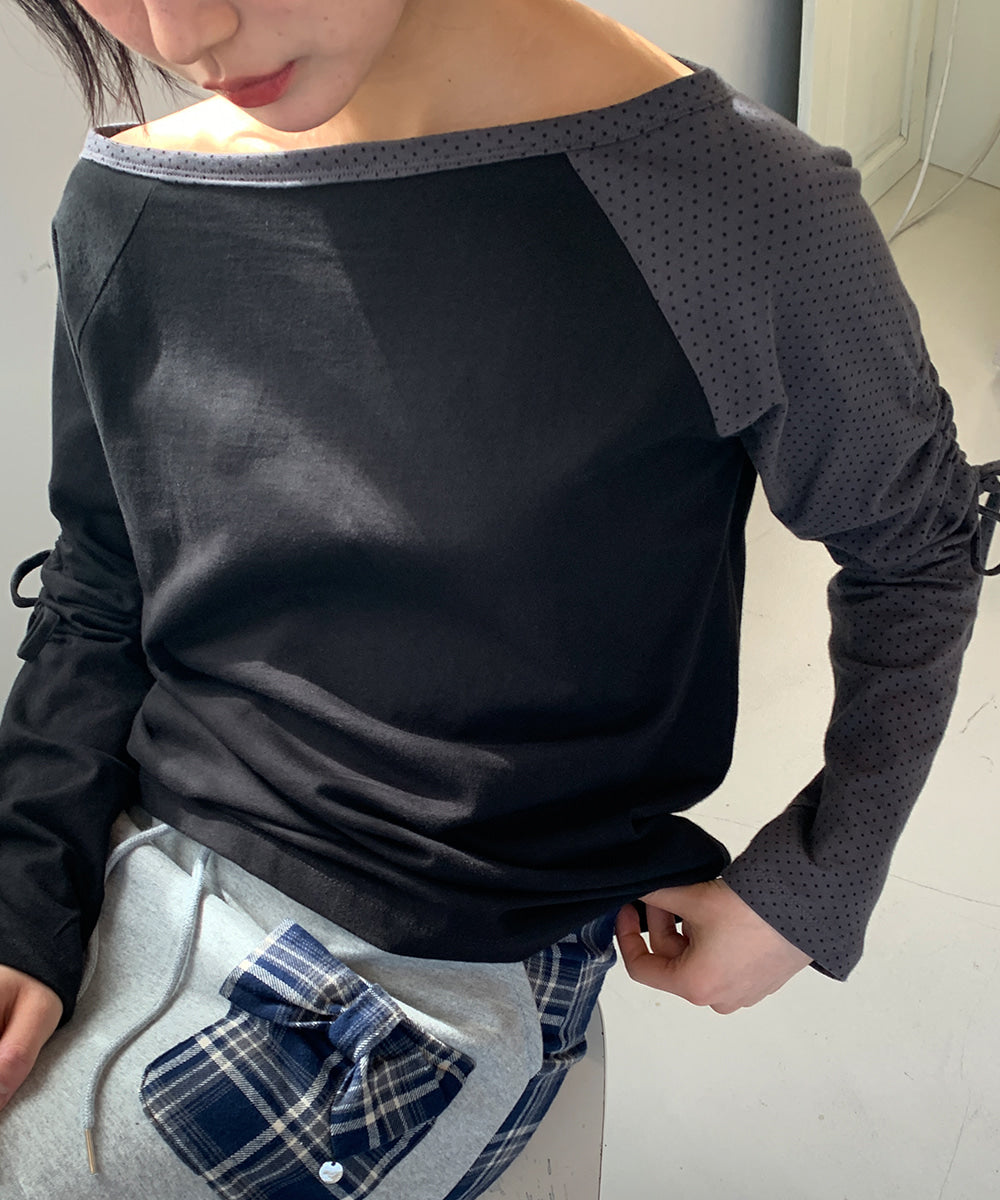 [RONRON] Dot Boat Neck Ribbon String Long Sleeve / 2 Colors