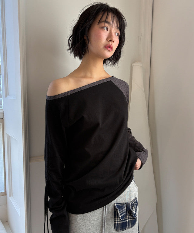 [RONRON] Dot Boat Neck Ribbon String Long Sleeve / 2 Colors