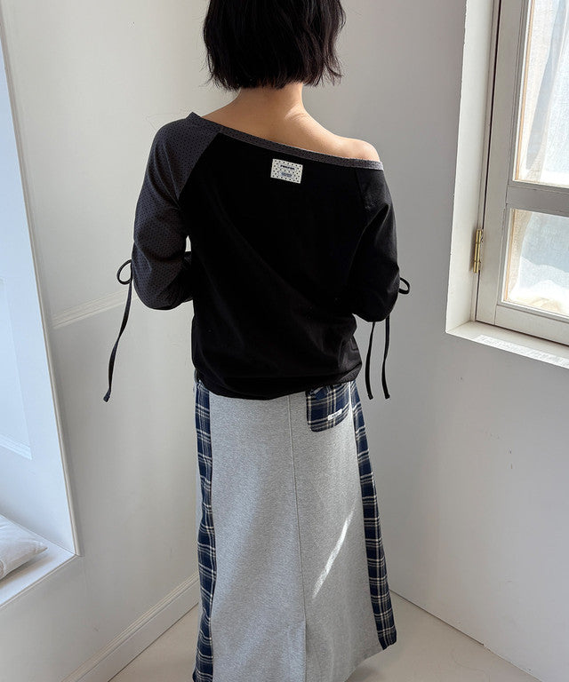[RONRON] Dot Boat Neck Ribbon String Long Sleeve / 2 Colors