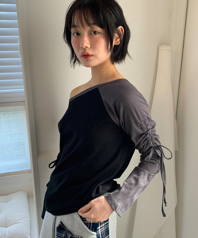 [RONRON] Dot Boat Neck Ribbon String Long Sleeve / 2 Colors