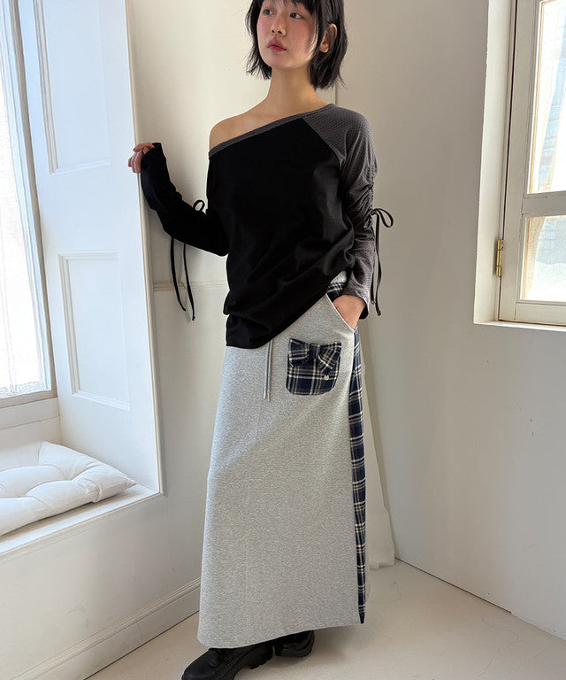 [RONRON] Dot Boat Neck Ribbon String Long Sleeve / 2 Colors
