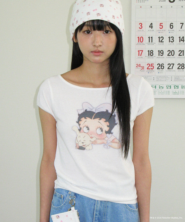 [RONRON] Betty Boop Ribbon Boat Neck T-Shirt / Red