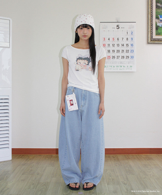 [RONRON] Betty Boop Ribbon Boat Neck T-Shirt / Red