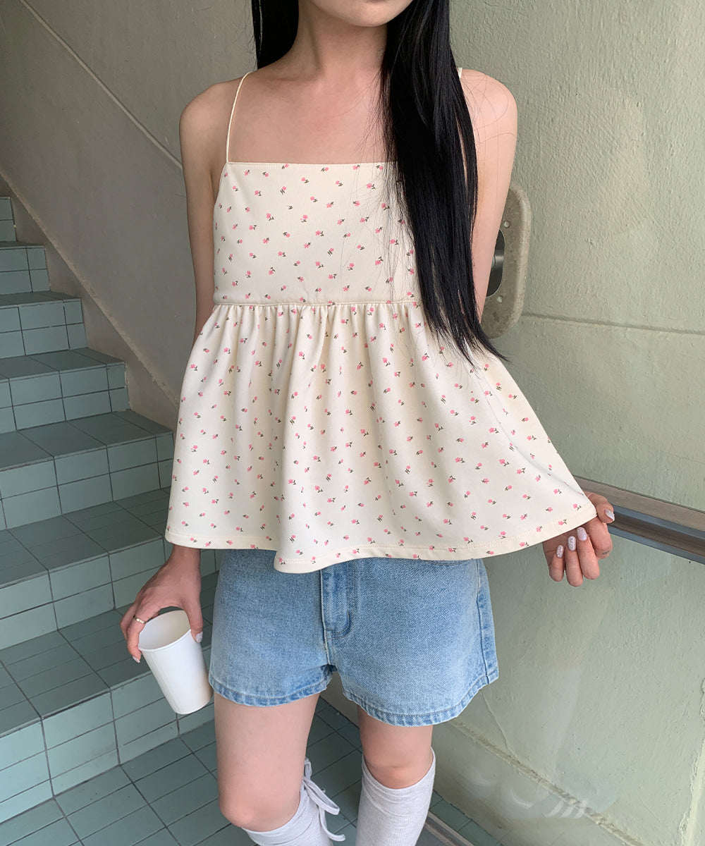 [RONRON] Floral Ribbon Gather Sleeveless / 2 Colors