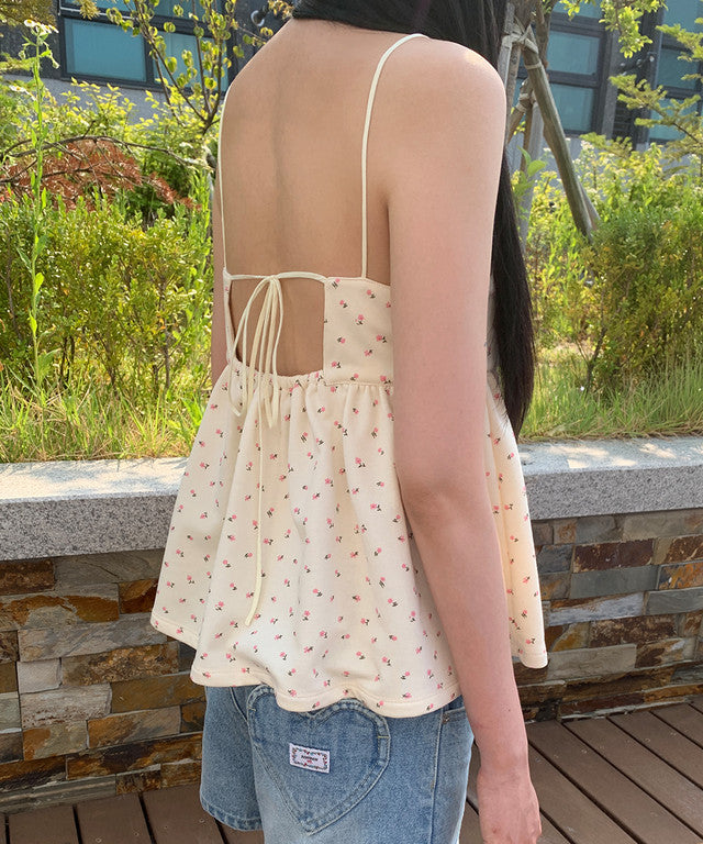 [RONRON] Floral Ribbon Gather Sleeveless / 2 Colors