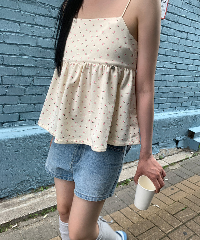 [RONRON] Floral Ribbon Gather Sleeveless / 2 Colors