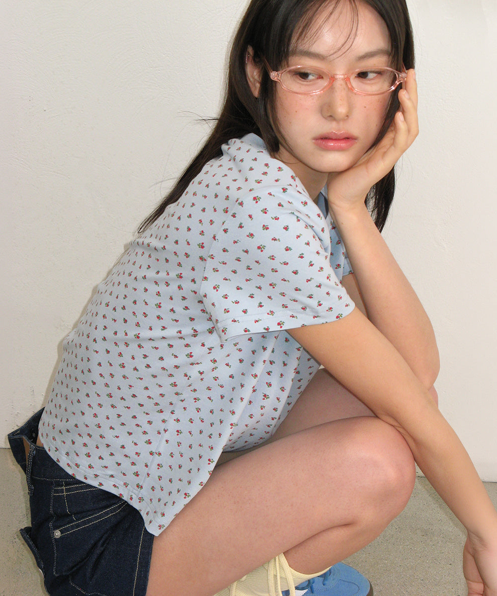 [RONRON] Floral Mini Label Crop Short Sleeve / 2 Colors