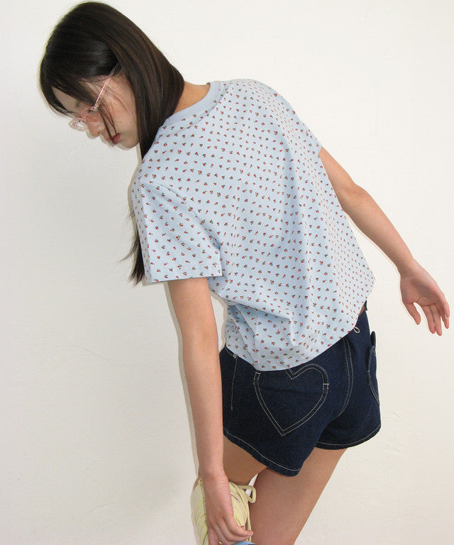 [RONRON] Floral Mini Label Crop Short Sleeve / 2 Colors