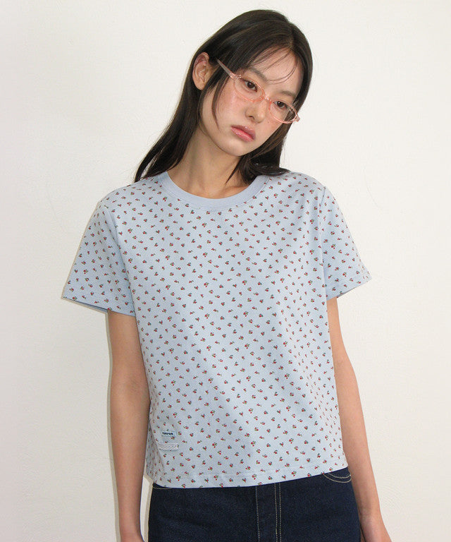 [RONRON] Floral Mini Label Crop Short Sleeve / 2 Colors