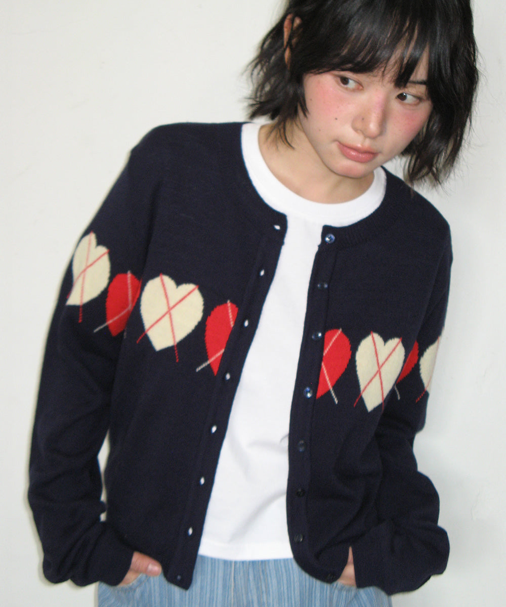 [RONRON] Heart Argyle Line Knit Cardigan / 2 Colors