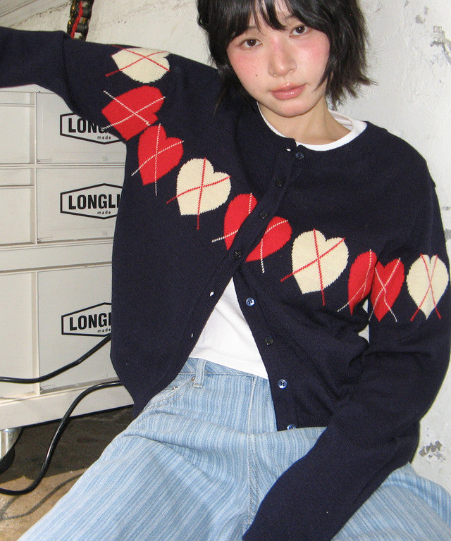 [RONRON] Heart Argyle Line Knit Cardigan / 2 Colors