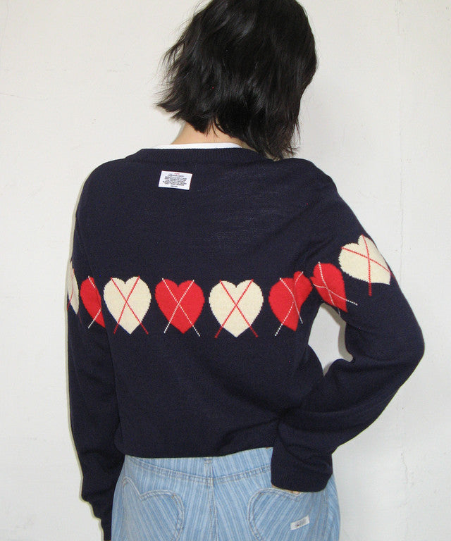[RONRON] Heart Argyle Line Knit Cardigan / 2 Colors