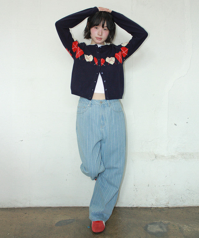 [RONRON] Heart Argyle Line Knit Cardigan / 2 Colors