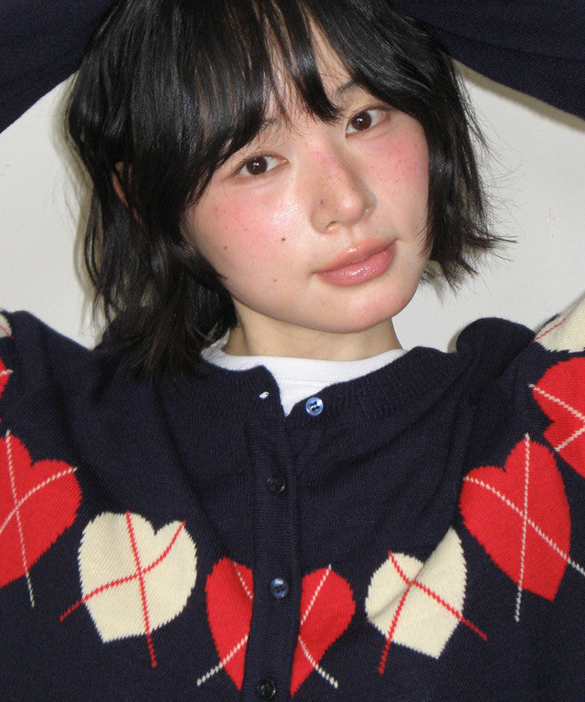 [RONRON] Heart Argyle Line Knit Cardigan / 2 Colors