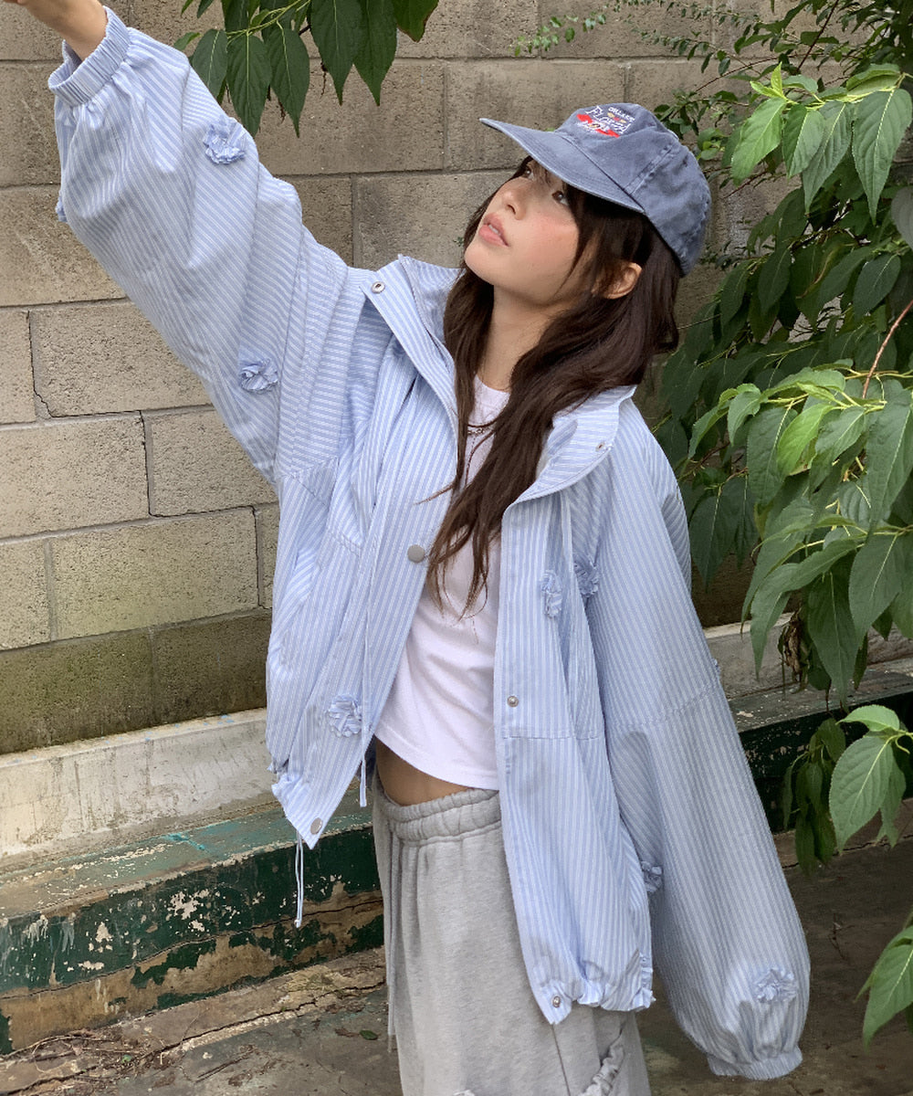 [RONRON] Mini Flower Stripe Windbreaker / Blue Stripe