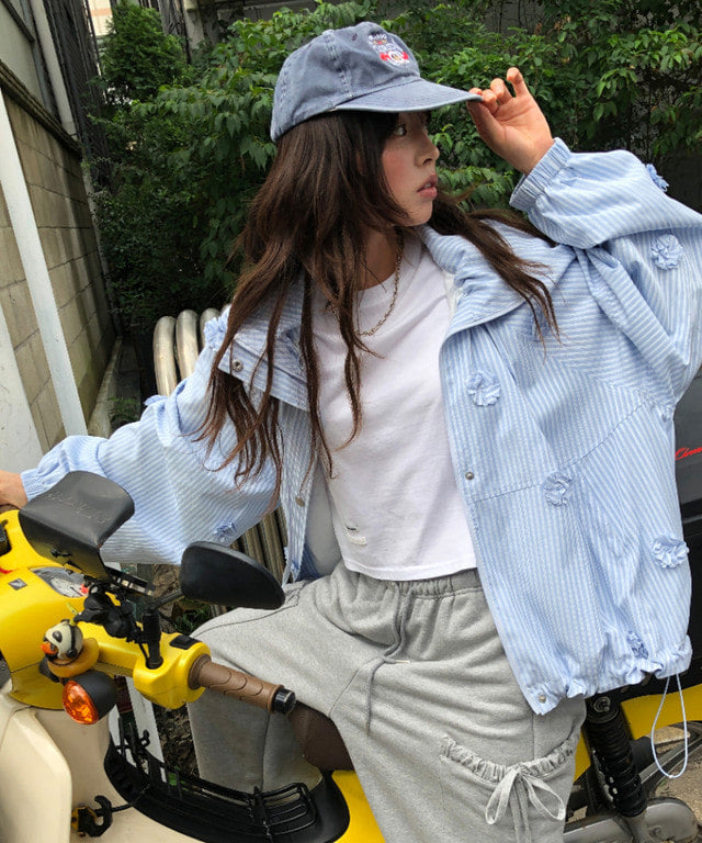 [RONRON] Mini Flower Stripe Windbreaker / Blue Stripe