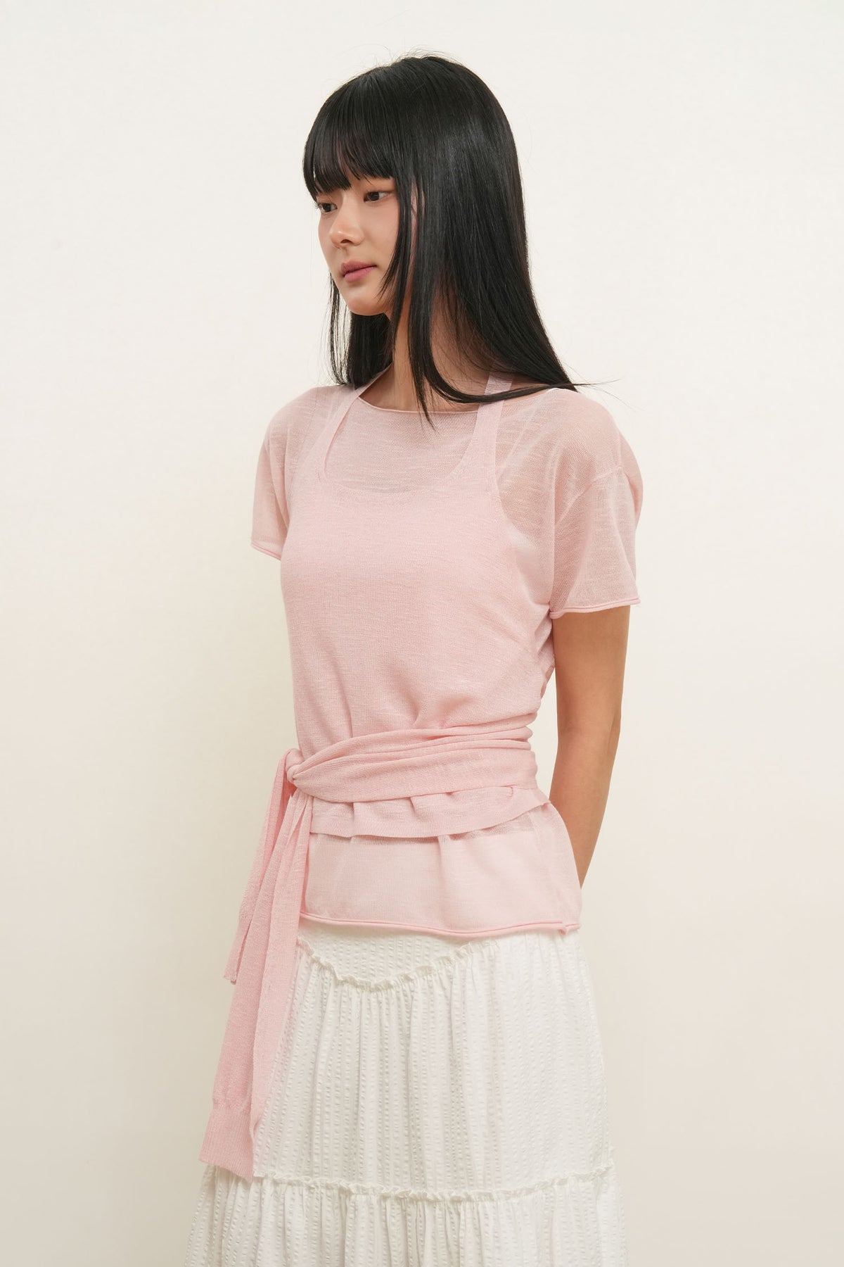 General Idea Sheer Halter Neck Layered Knit Set Pink