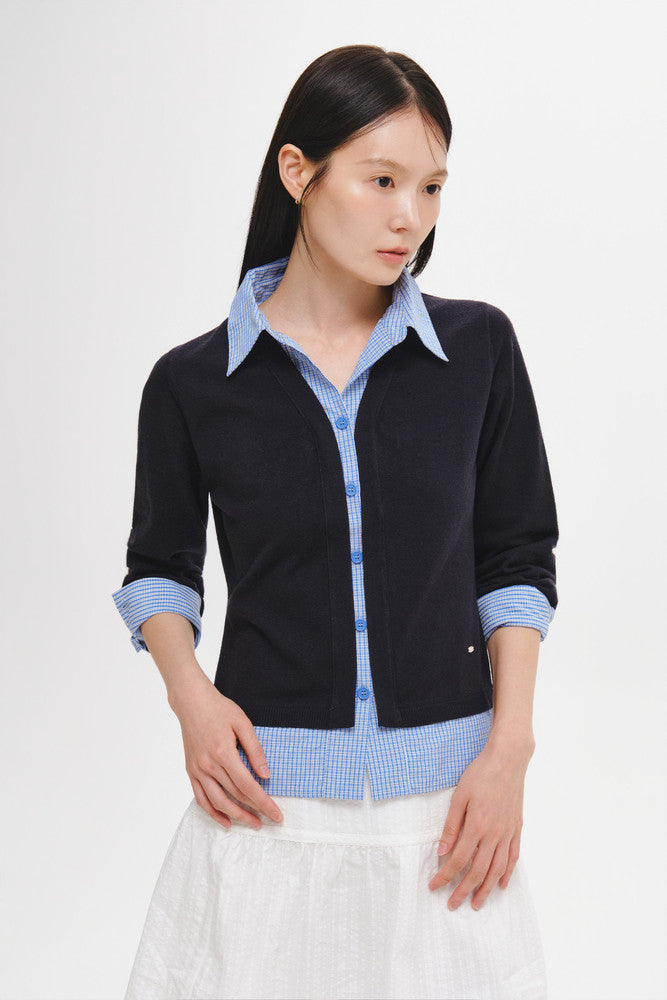 General Idea Check Shirt Layered Cardigan Navy