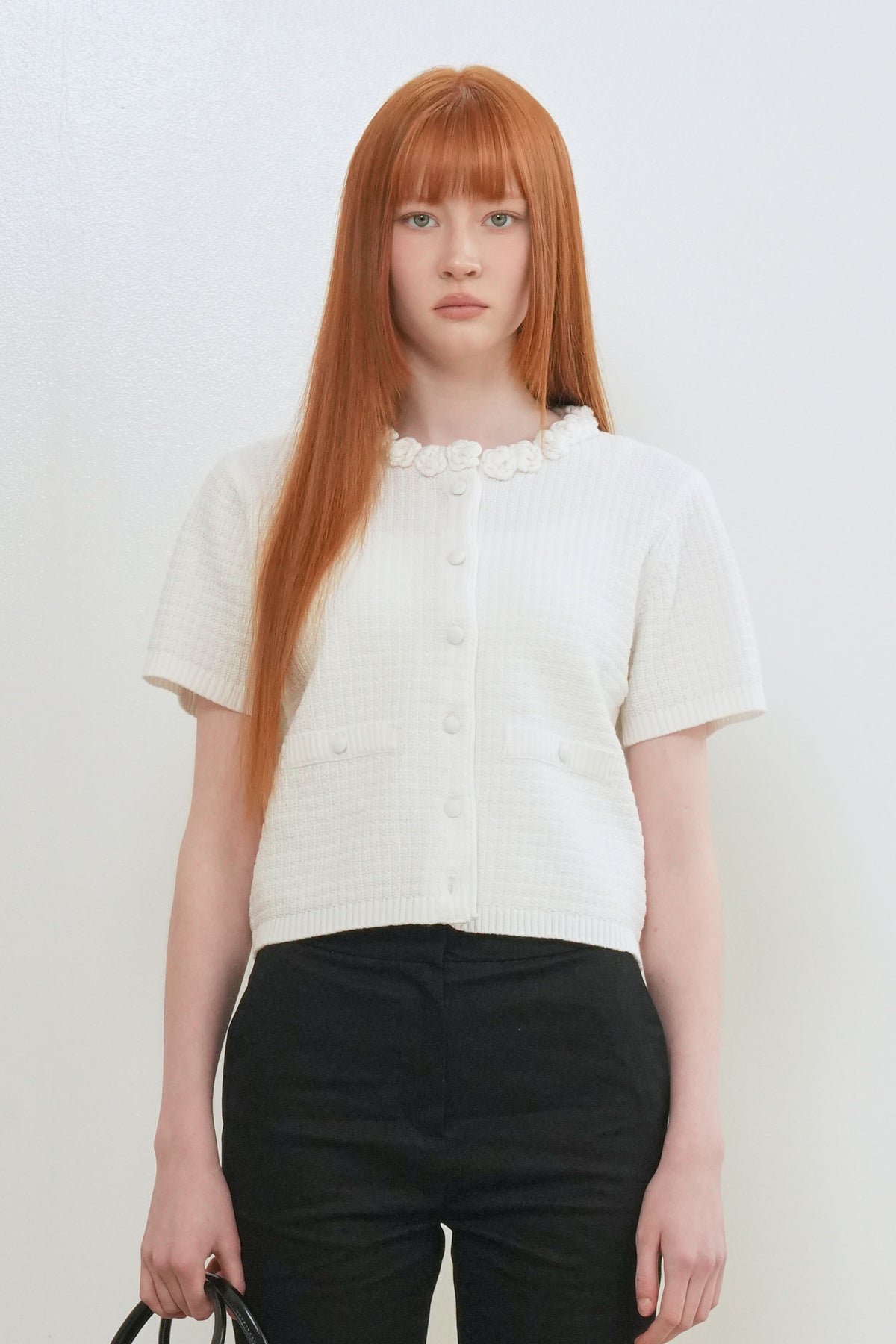 General Idea Flower Applique Cotton Cardigan White detail 3