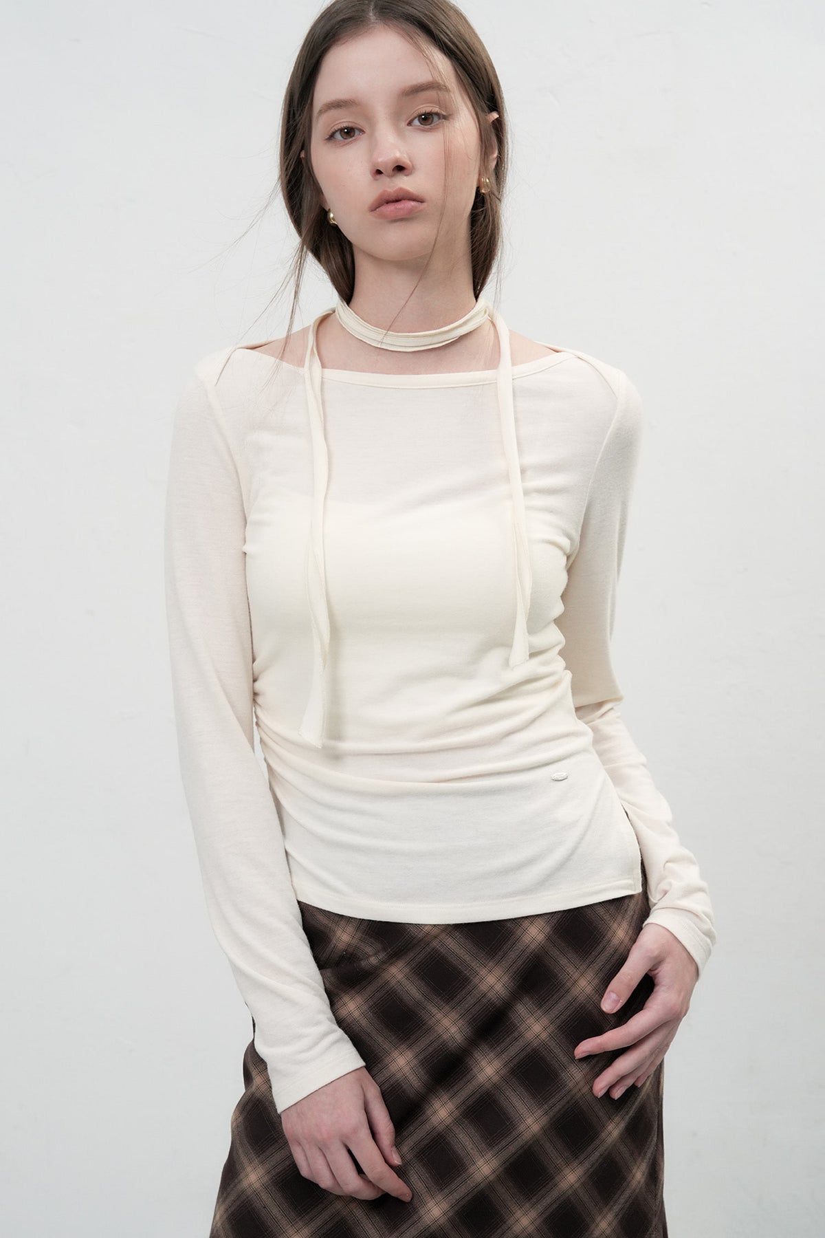 General Idea Scarf Layered Boat Neck Shirring T-Shirt Ivory