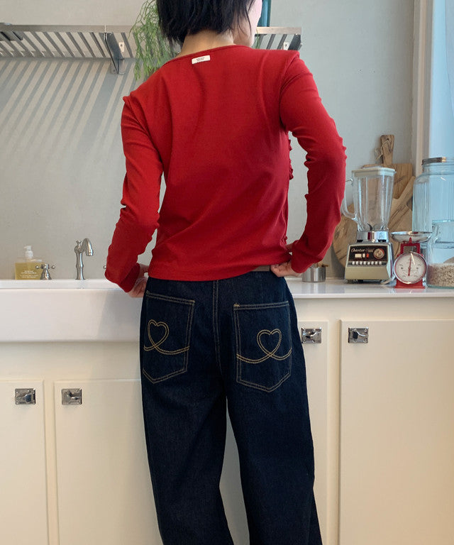 RONRON Frill Layered Long Sleeve T-Shirt Red detail 2