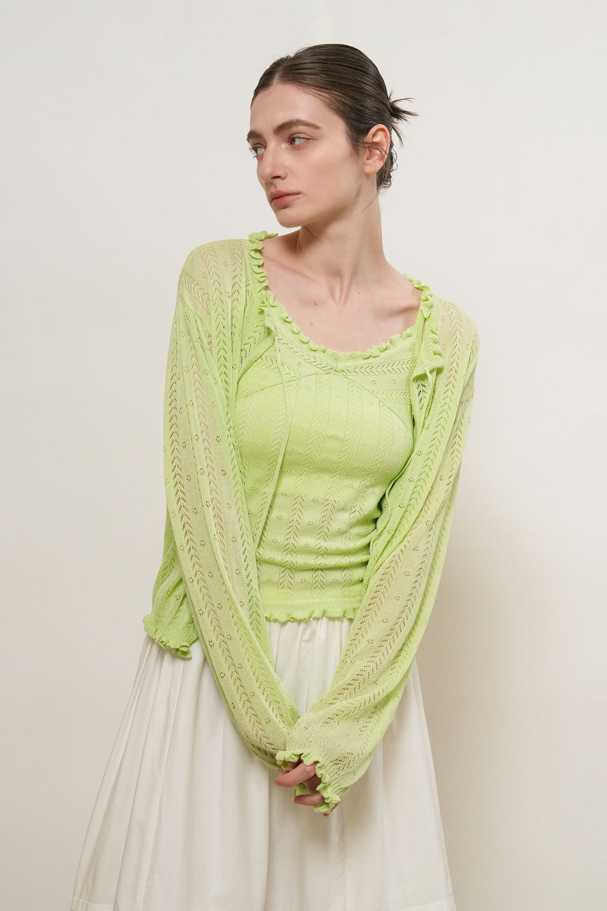 General Idea Punching Ruffle Sleeveless Cardigan Set Lime