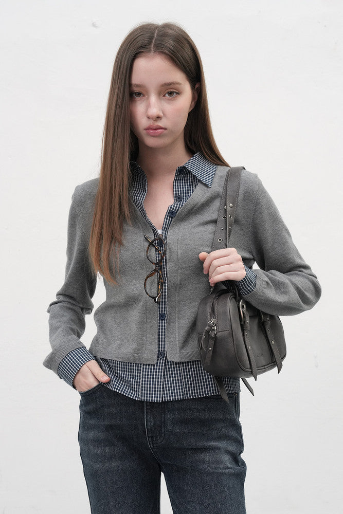 General Idea Check Shirt Layered Cardigan Grey