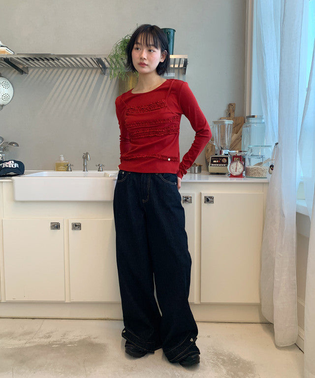 RONRON Frill Layered Long Sleeve T-Shirt Red detail 4