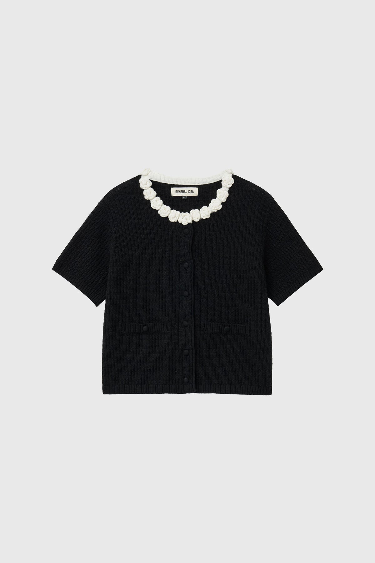 General Idea Flower Applique Cotton Cardigan Black detail 1