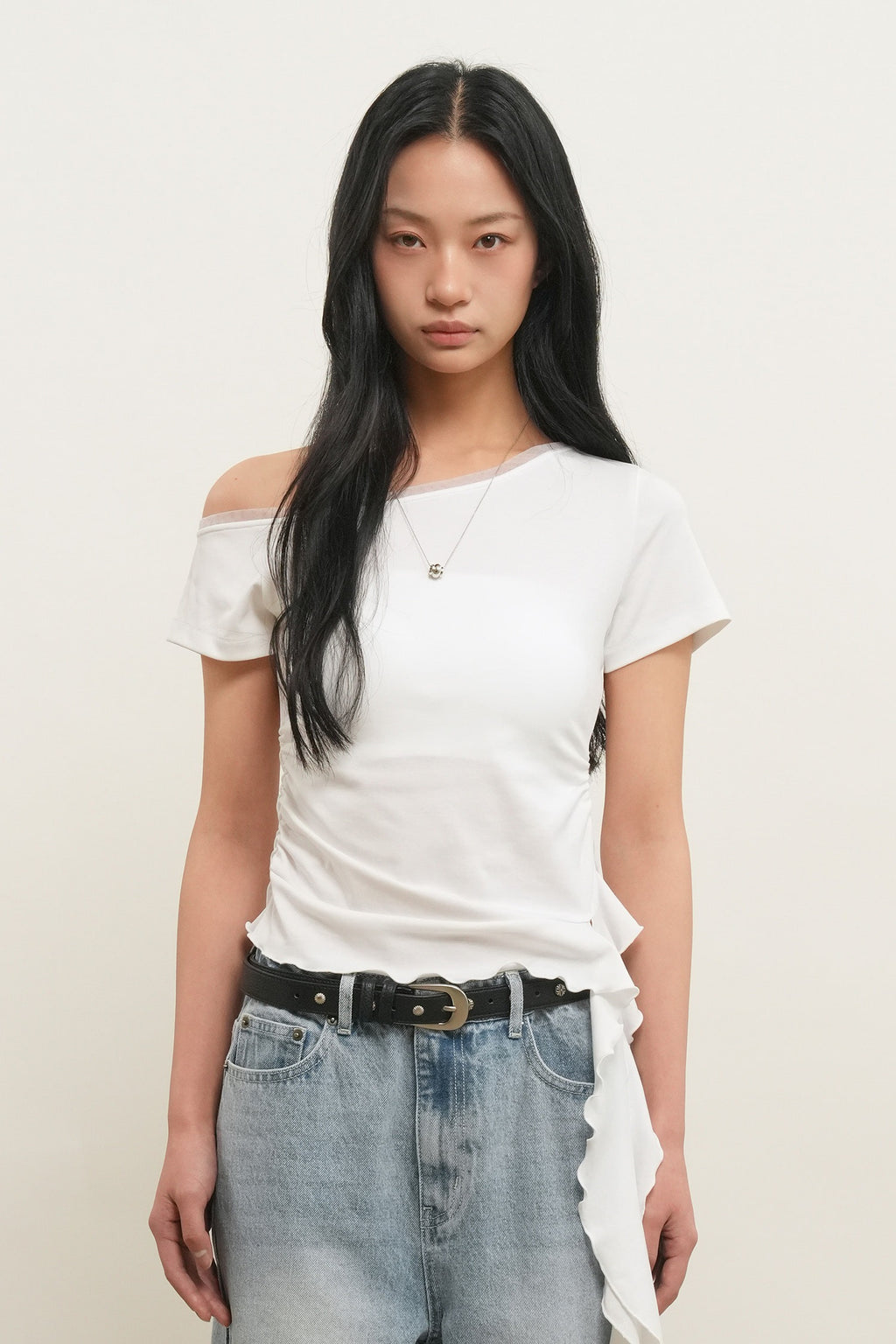 [General Idea] Mesh Trimming One Shoulder T-Shirt / White