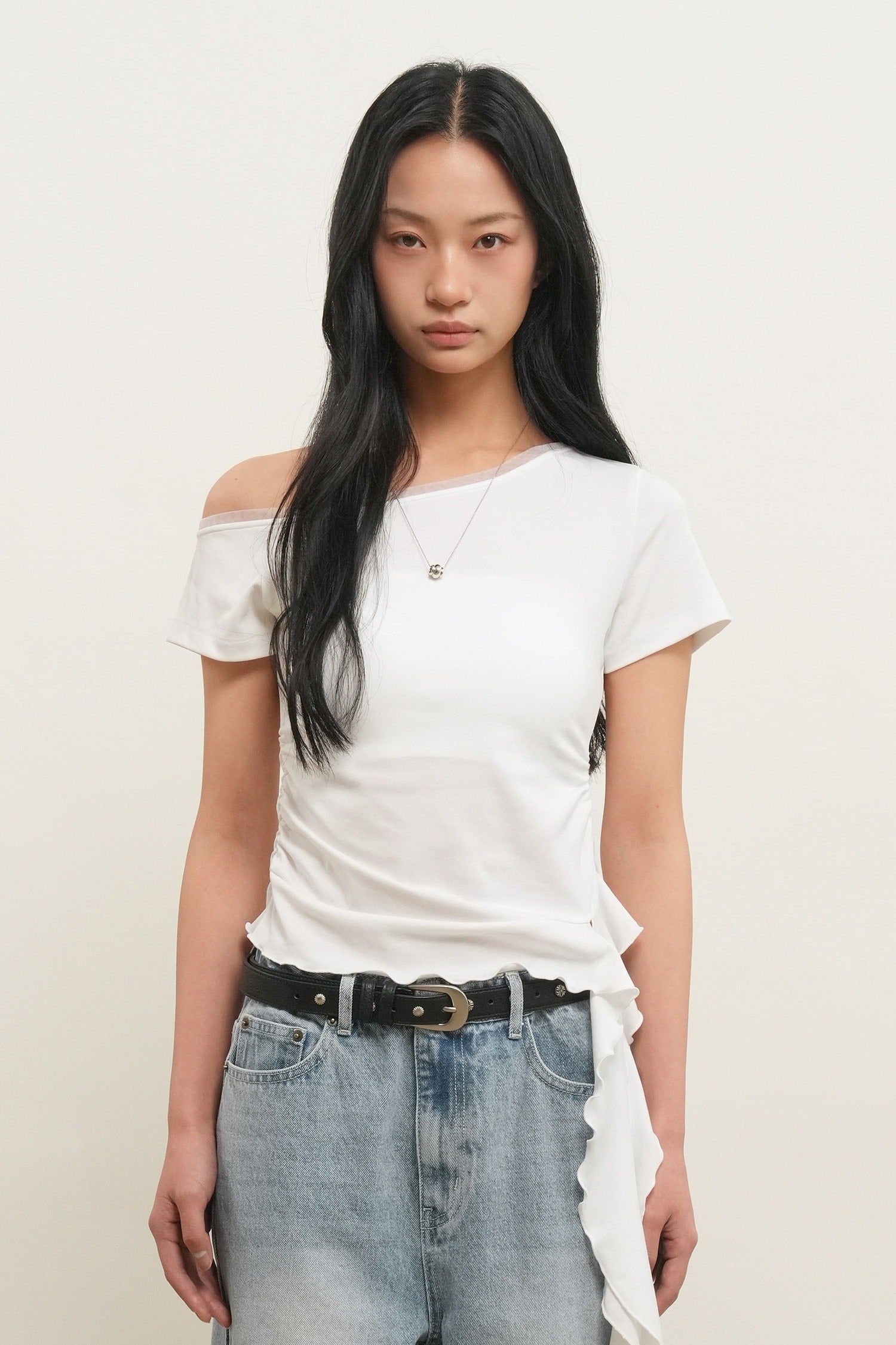 [General Idea] Mesh Trimming One Shoulder T-Shirt / White