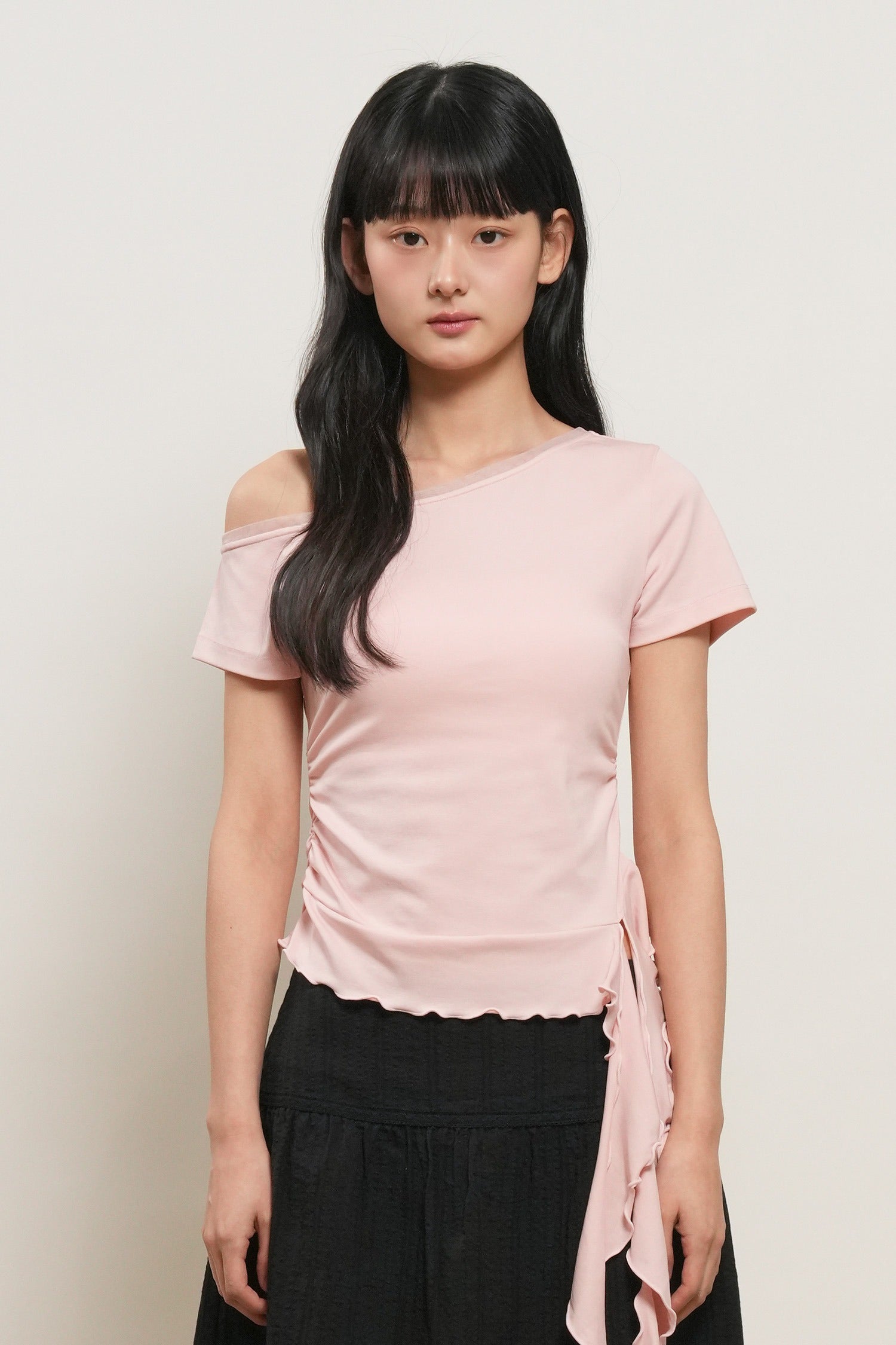 [General Idea] Mesh Trimming One Shoulder T-Shirt / Pink