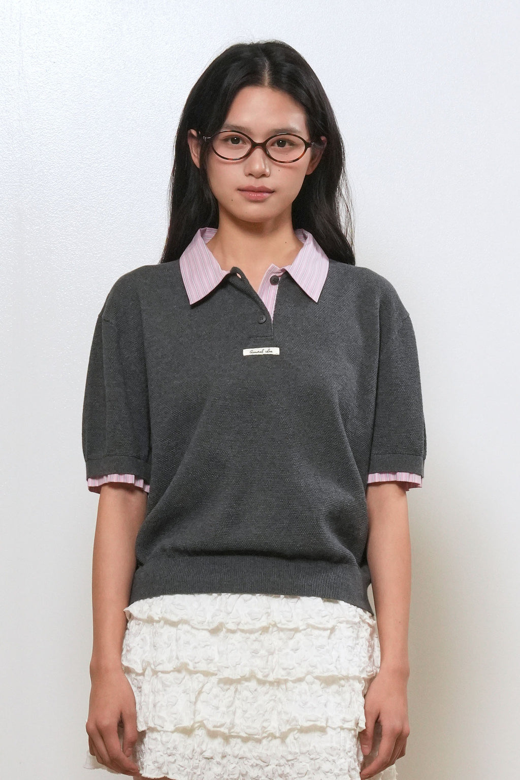 [General Idea] Shirt Collar Piqué Half-Sleeve Knit Top / Charcoal